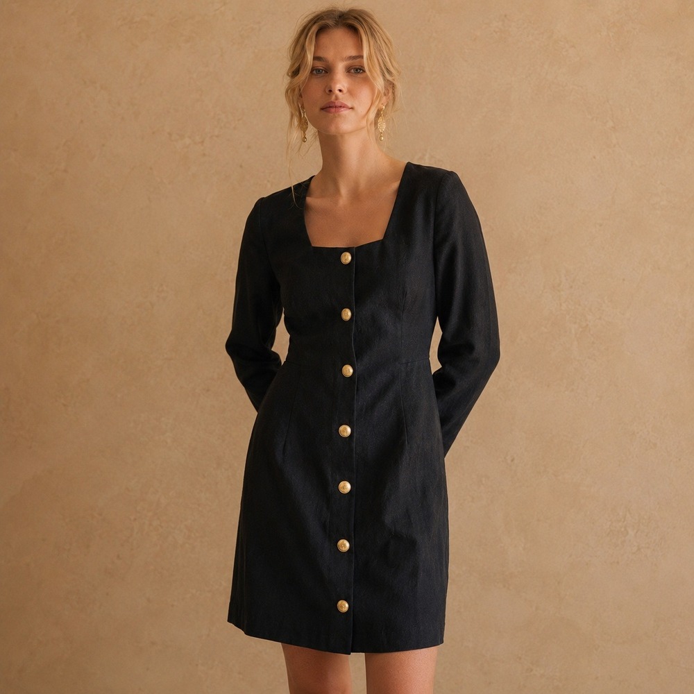 J Crew Linen Blend Black Gold Button Mini Dress NWT 8